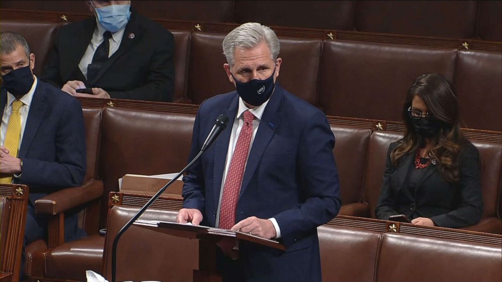 PHOTO: House Minority Leader Kevin McCarthy speaks during the impeachment debate on the House floor, Jan. 13, 2021, at the U.S. Capitol.