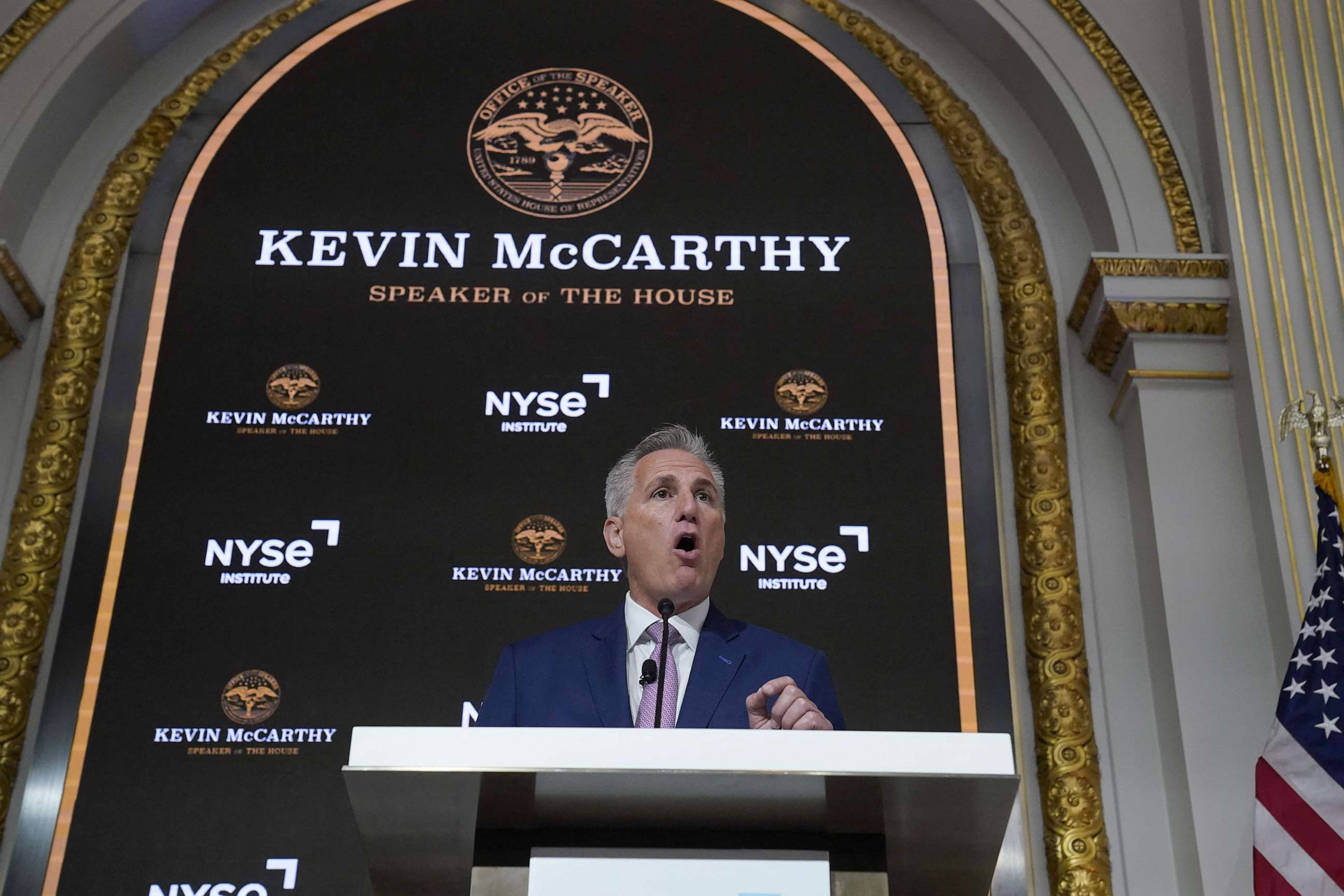 PHOTO: House Speaker Kevin McCarthy delivers a speech on the economy at the New York Stock Exchange (NYSE) in New York, April 17, 2023.