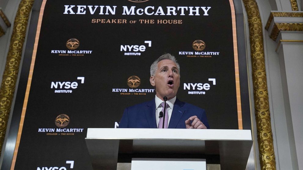 PHOTO: House Speaker Kevin McCarthy delivers a speech on the economy at the New York Stock Exchange (NYSE) in New York, April 17, 2023.