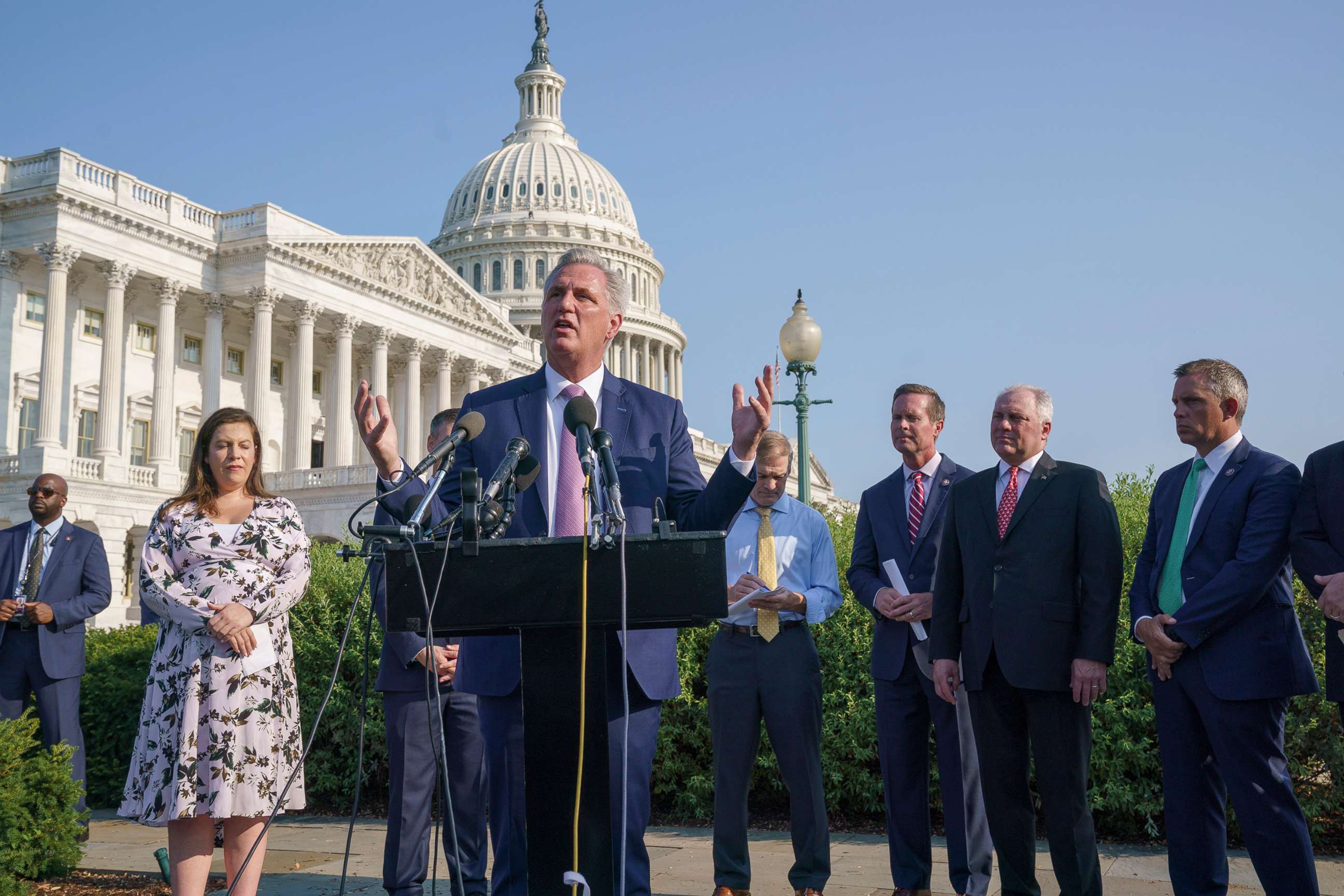 PHOTO: House Minority Leader Kevin McCarthy, joined by Republican lawmakers, holds a news conference before the start of a hearing by a select committee on the Jan. 6 insurrection, at the Capitol in Washington, July 27, 2021.