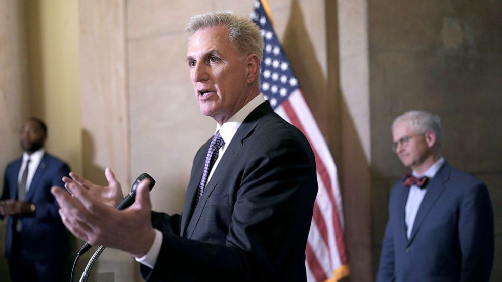 PHOTO: Speaker of the House Kevin McCarthy talks to reporters outside his office following his discussions at the White House with President Joe Biden on the impasse over the government's debt ceiling, at the Capitol in Washington, May 22, 2023.