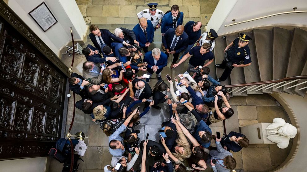 PHOTO: Speaker of the House Kevin McCarthy speaks to reporters about negotiations with the White House over the debt limit as he arrives to the U.S. Capitol, May 26 2023, in Washington, D.C.