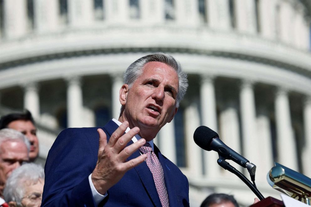PHOTO: House Minority Leader Kevin McCarthy speaks during a news conference about the House Republicans "Commitment to America" at the Capitol, Sept. 29, 2022. 