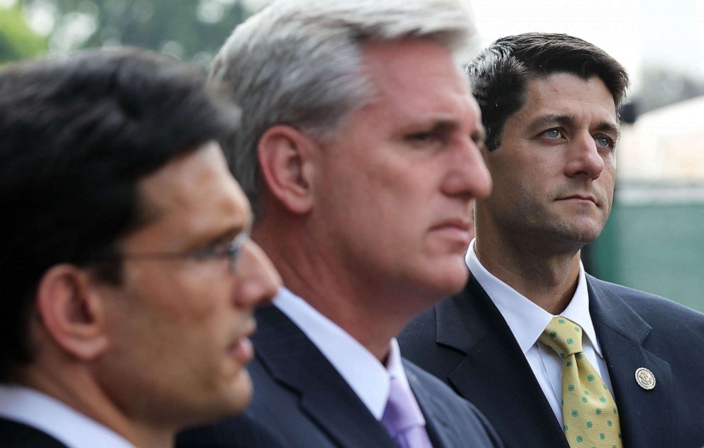 PHOTO: FILE - U.S. House Majority Leader Rep. Eric Cantor, House Majority Whip Rep. Kevin McCarthy, and House Budget Committee Rep. Paul Ryan are seen in June 1, 2011 at the White House in Washington, DC.