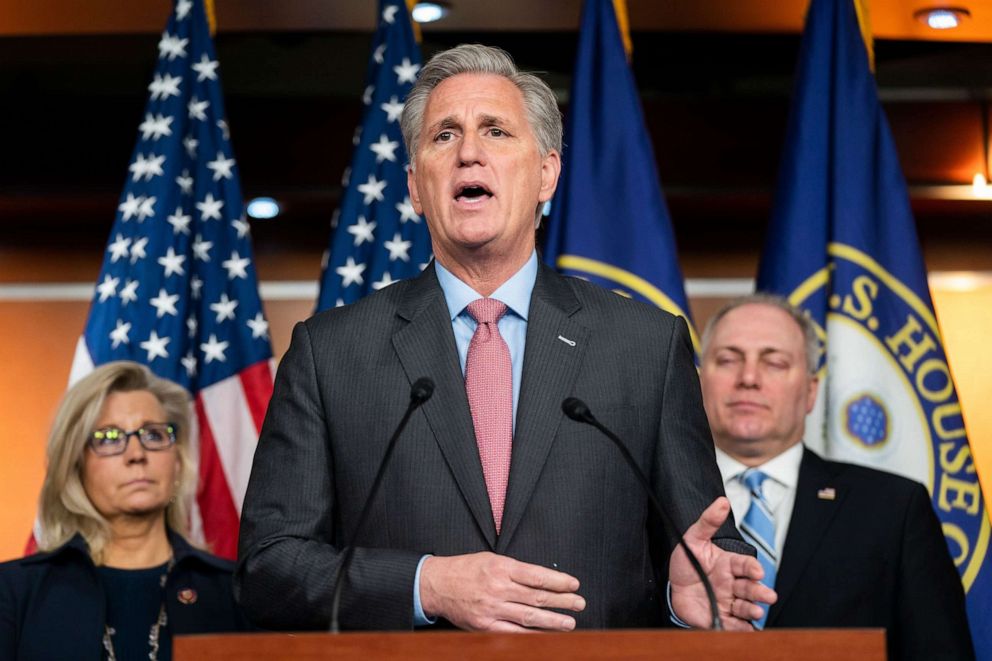 PHOTO: Republican House Minority Leader Kevin McCarthy speaks at a press conference about President Trump's State of the Union speech at the Capitol in Washington, February 5, 2020.