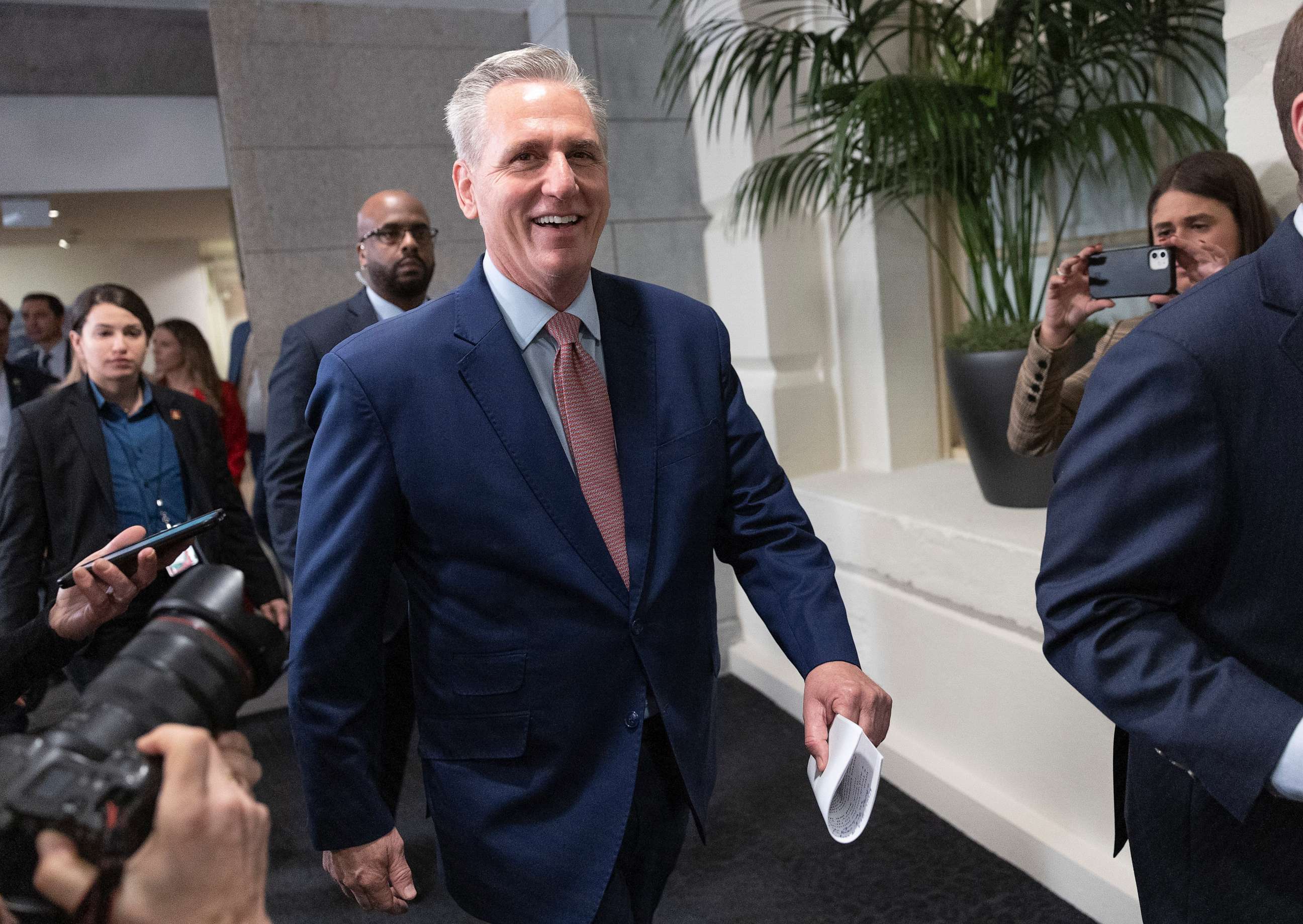PHOTO: House Minority Leader Kevin McCarthy walks to a meeting with House Republicans at the U.S. Capitol Building on Jan. 3, 2023 in Washington, D.C.