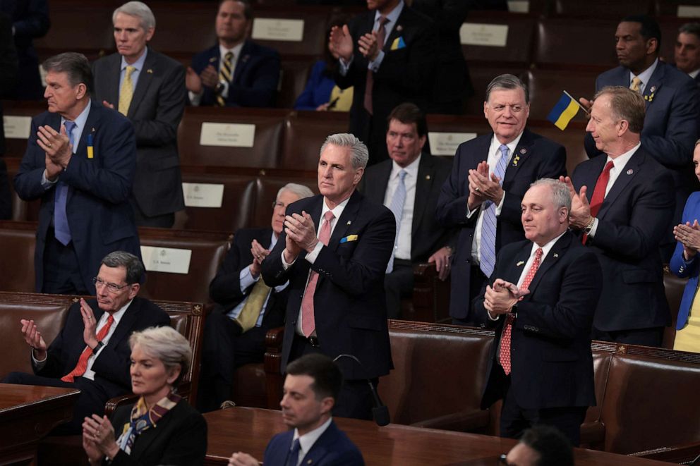PHOTO: Kevin McCarthy and Minority Whip Steve Scalise, stand and applaud for President Joe Biden as he delivers the State of the Union address during a joint session of Congress in the U.S. Capitol's House Chamber March 1, 2022 in Washington, DC.