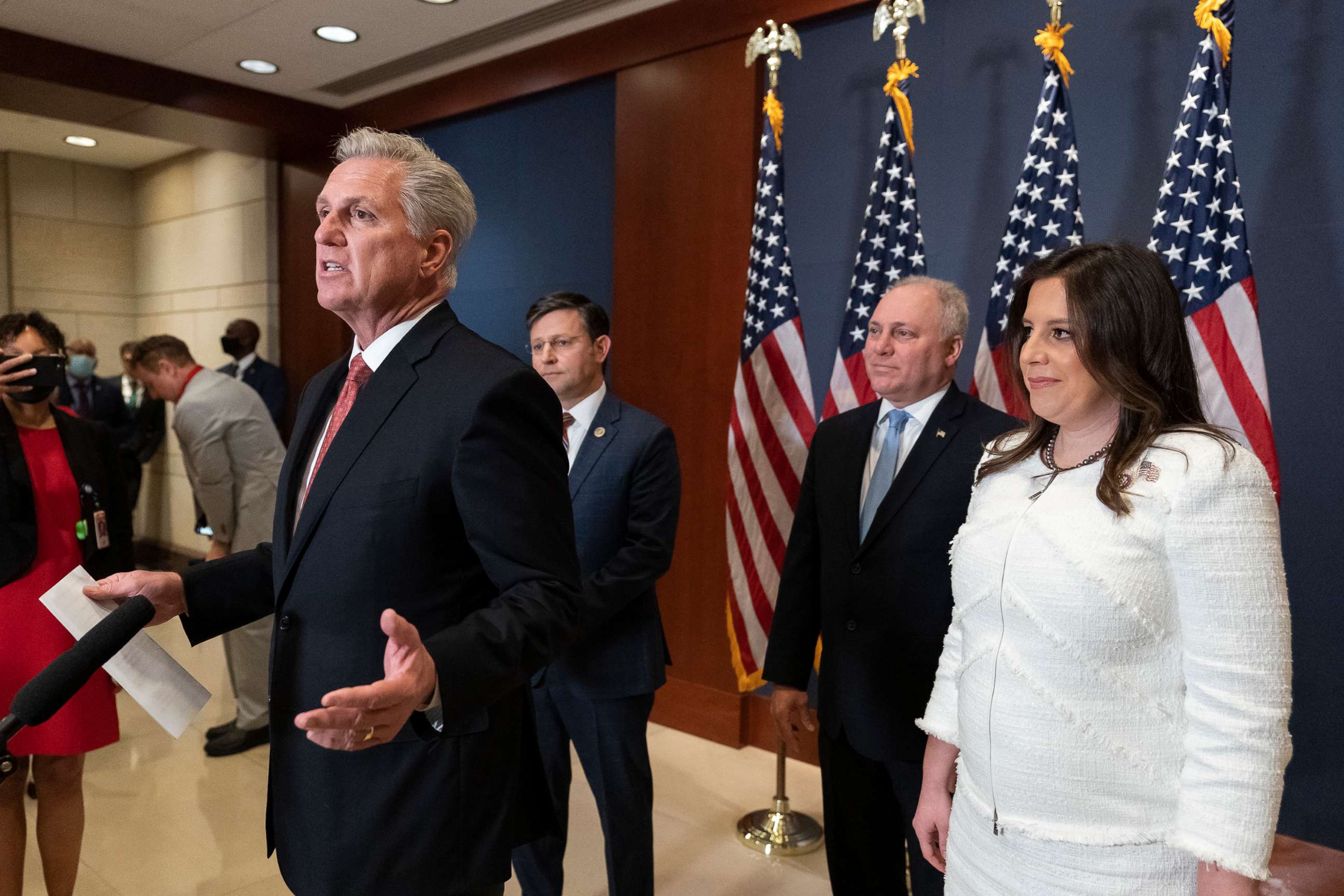 PHOTO: House Minority Leader Kevin McCarthy speaks to reporters, along with Rep. Gary Palmer, House Minority Whip Steve Scalise and newly-elected House Republican Conference Chair Rep. Elise Stefanik, May 14, 2021, on Capitol Hill.