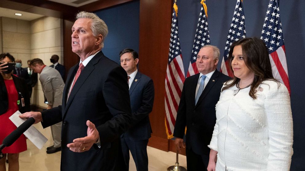 PHOTO: House Minority Leader Kevin McCarthy speaks to reporters, along with Rep. Gary Palmer, House Minority Whip Steve Scalise and newly-elected House Republican Conference Chair Rep. Elise Stefanik, May 14, 2021, on Capitol Hill.