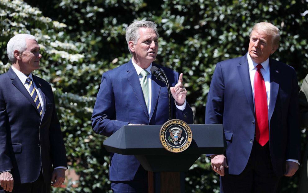 PHOTO: FILE - U.S. House Minority Leader Kevin McCarthy, speaks while U.S. President Donald Trump and U.S. Vice President Mike Pence listen during an event at the White House in Washington, D.C., Wednesday, April 22, 2020.