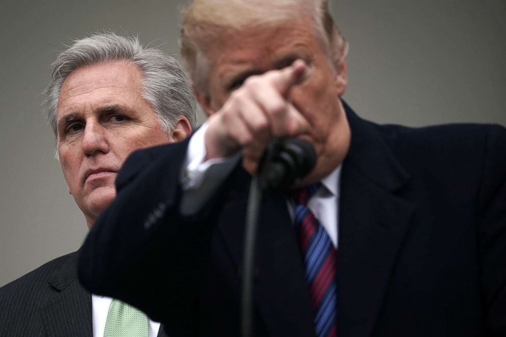PHOTO: House Minority Leader Rep. Kevin McCarthy listens as President Donald Trump speaks in the Rose Garden of the White House, Jan. 4, 2019, in Washington.