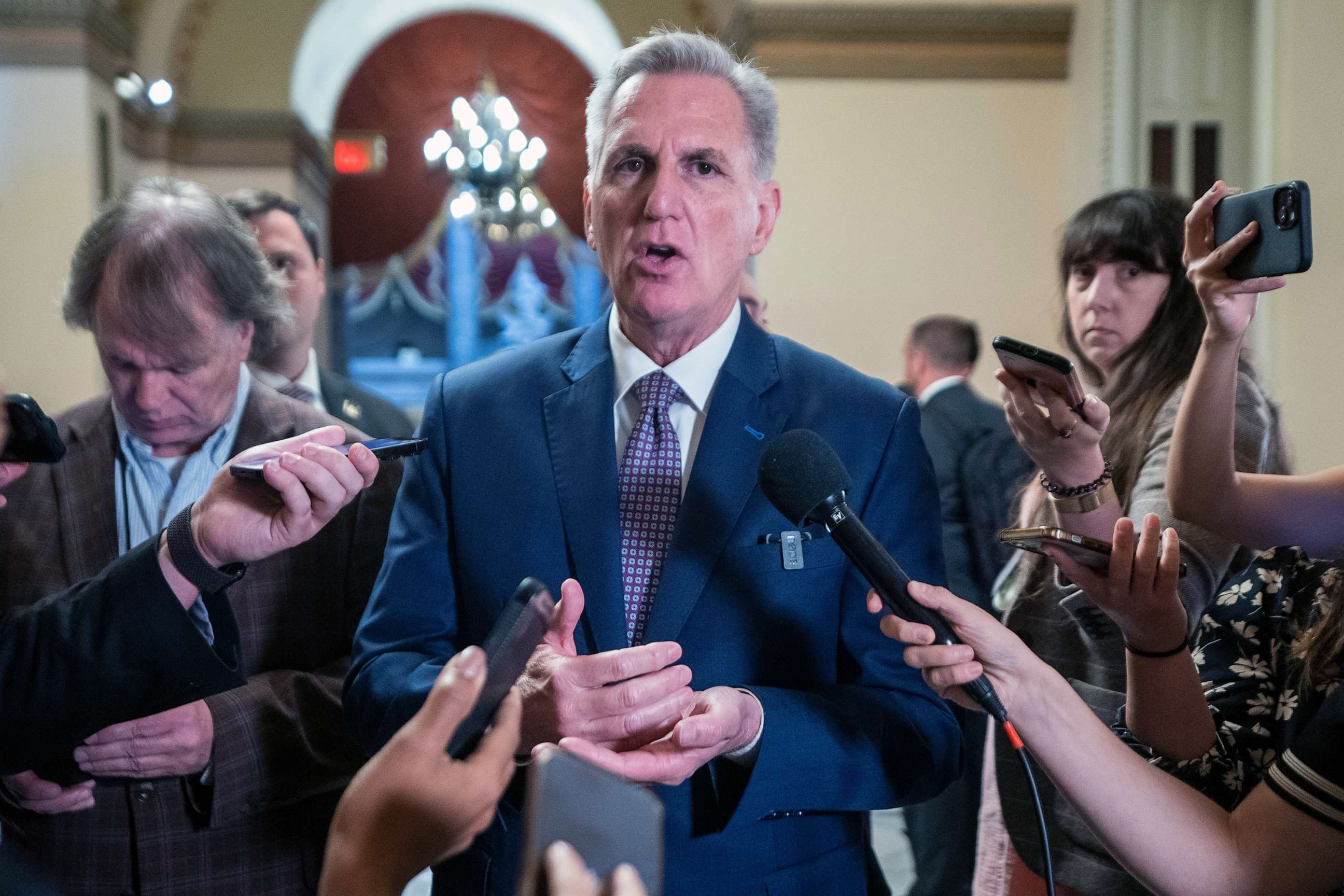 PHOTO: Speaker of the House Kevin McCarthy responds to a question from the news media near the House floor in the US Capitol in Washington, D.C, June 12, 2023.