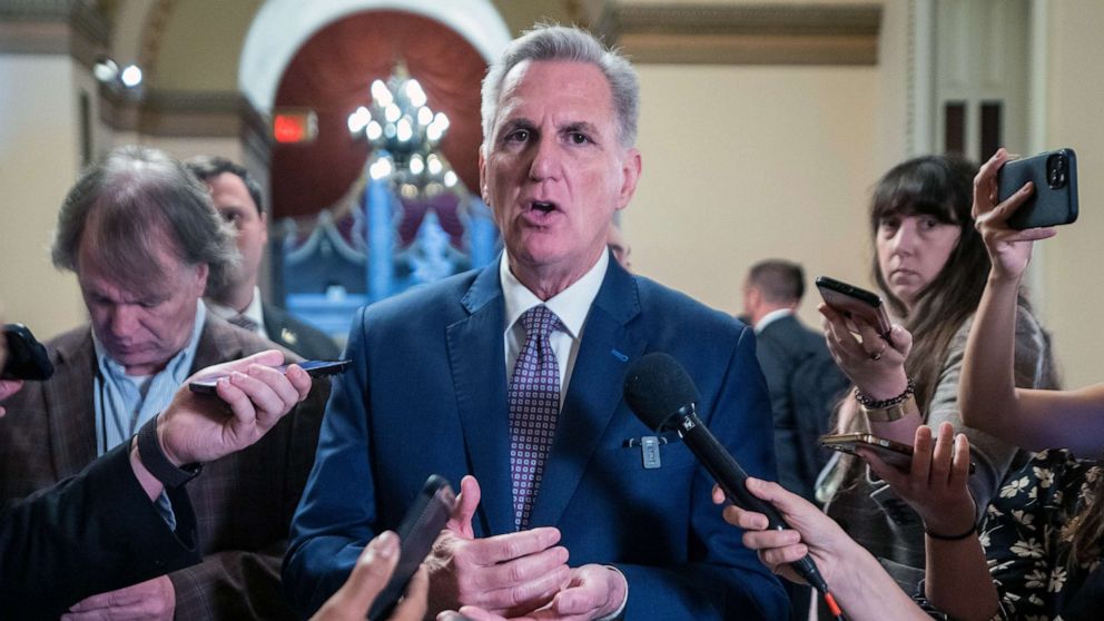 PHOTO: Speaker of the House Kevin McCarthy responds to a question from the news media near the House floor in the US Capitol in Washington, D.C, June 12, 2023.