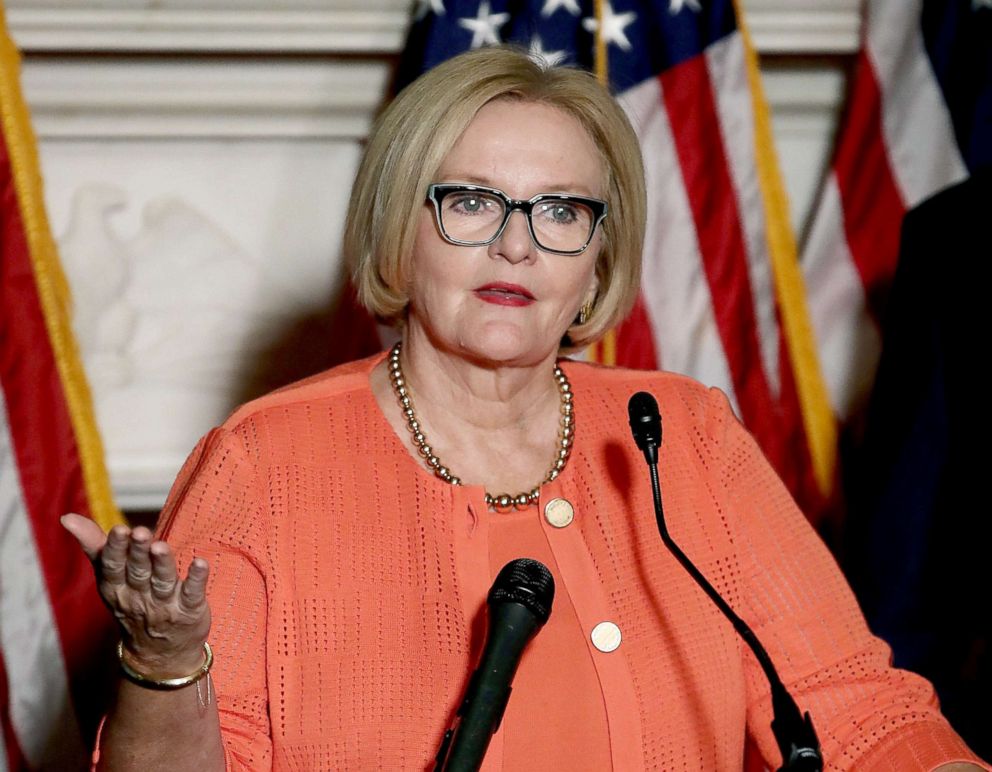 PHOTO: Sen. Claire McCaskill (D-MO) speaks on a proposed protection plan for people with pre-existing health conditions, during a news conference on Capitol Hill July 19, 2018.