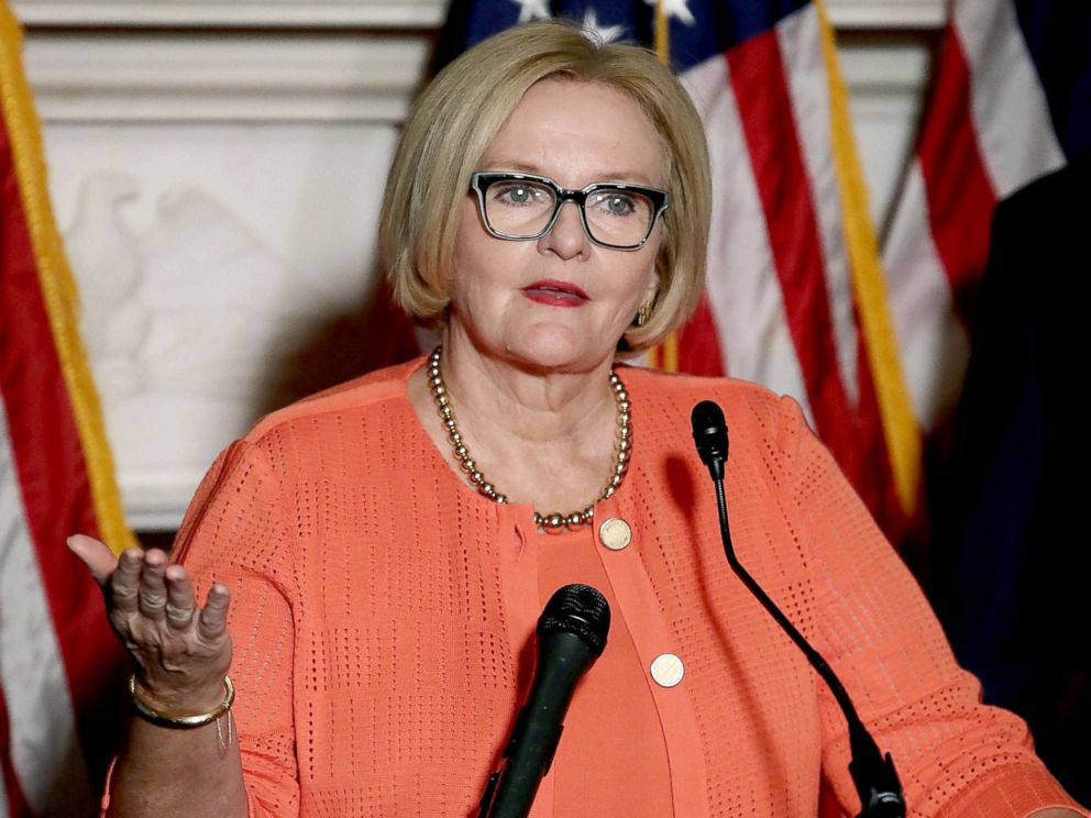 PHOTO: Sen. Claire McCaskill (D-MO) speaks on a proposed protection plan for people with pre-existing health conditions, during a news conference on Capitol Hill July 19, 2018.