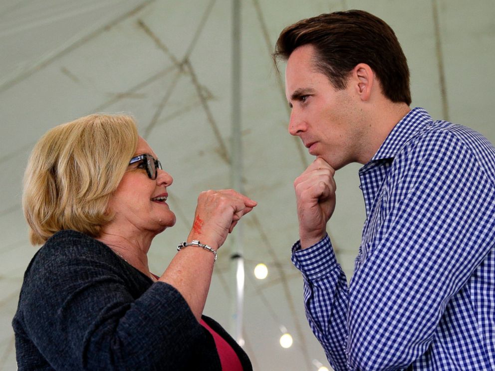 In this Aug. 17, 2017, file photo, Democratic U.S. Sen. Claire McCaskill, left, talks with Republican Missouri Attorney General Josh Hawley in Sedalia, Mo.