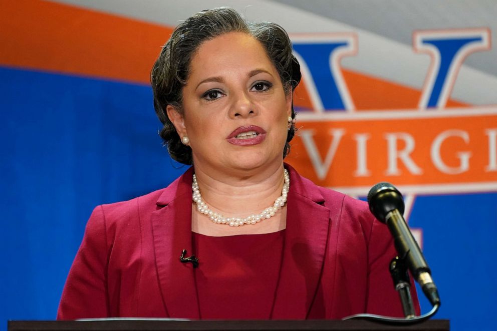 PHOTO: Democratic candidate for Governor of Virginia state Sen. Jennifer McClellan speaks during a debate at Virginia State University in Petersburg, Va., April 6, 2021.