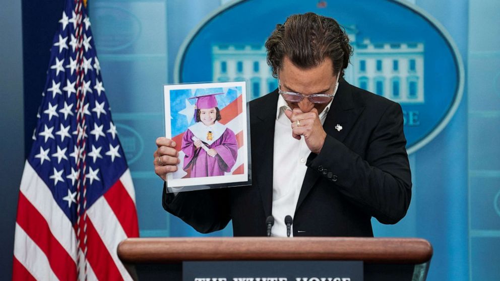 PHOTO: Matthew McConaughey becomes emotional as he holds up a picture of 10-year-old victim Alithia Ramirez as he speaks to reporters about the school shooting in Uvalde during a press briefing at the White House in Washington, June 7, 2022.