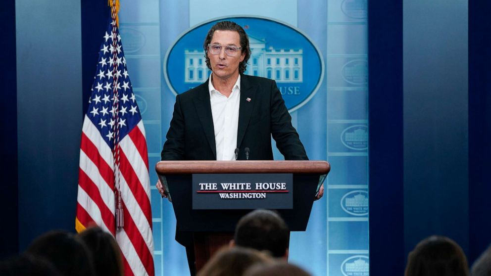 PHOTO: Actor Matthew McConaughey speaks during a press briefing at the White House with press secretary Karine Jean-Pierre, June 7, 2022, in Washington.