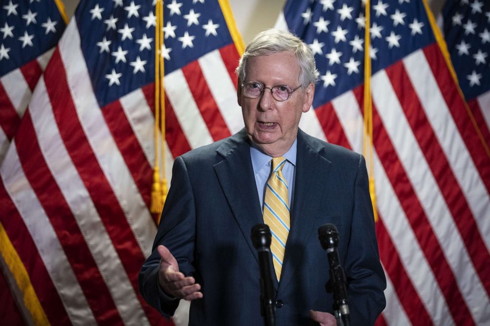 PHOTO: Mitch McConnell, a Republican from Kentucky, speaks during a news conference following the Senate Republicans policy luncheon, on Capitol Hill in Washington, D.C., U.S., on Tuesday, June 30, 2020.