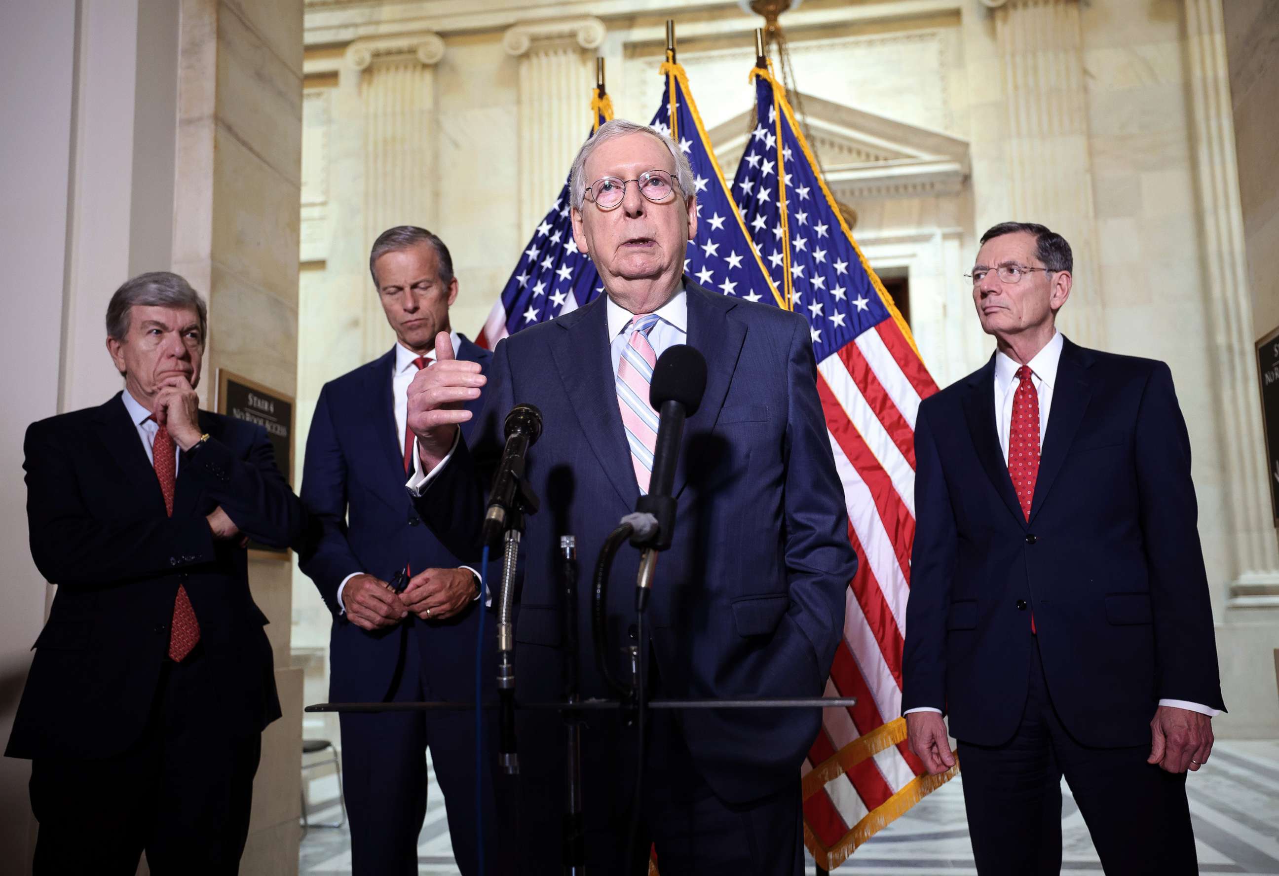 PHOTO: Senate Majority Leader Mitch McConnell joined by fellow Republican leadership, speaks to reporters following the weekly Republican policy luncheons on Capitol Hill, May 25, 2021.