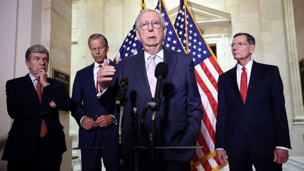 PHOTO: Senate Majority Leader Mitch McConnell joined by fellow Republican leadership, speaks to reporters following the weekly Republican policy luncheons on Capitol Hill, May 25, 2021.