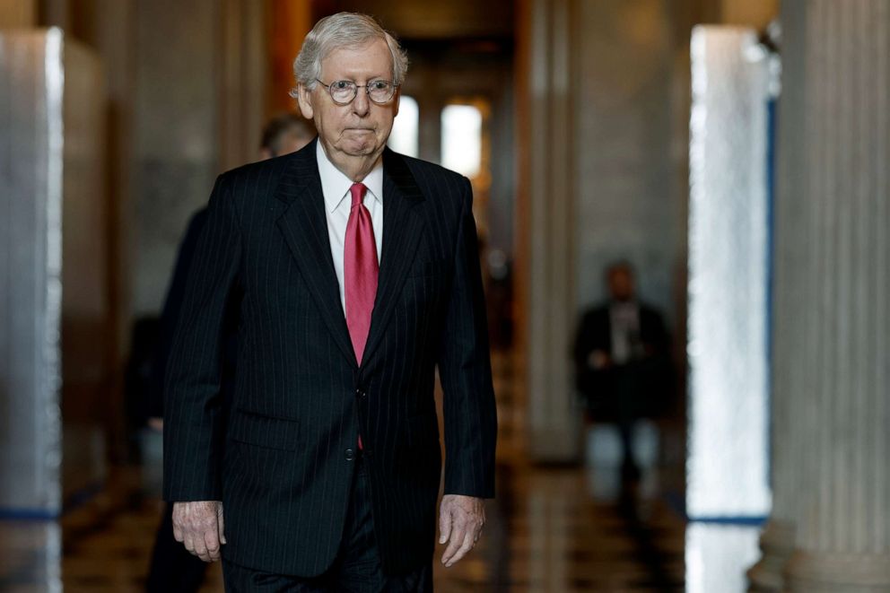 PHOTO: Senate Minority Leader Mitch McConnell walks to the Senate Republican Luncheon in the U.S. Capitol Building, Aug. 2, 2022, in Washington, D.C.
