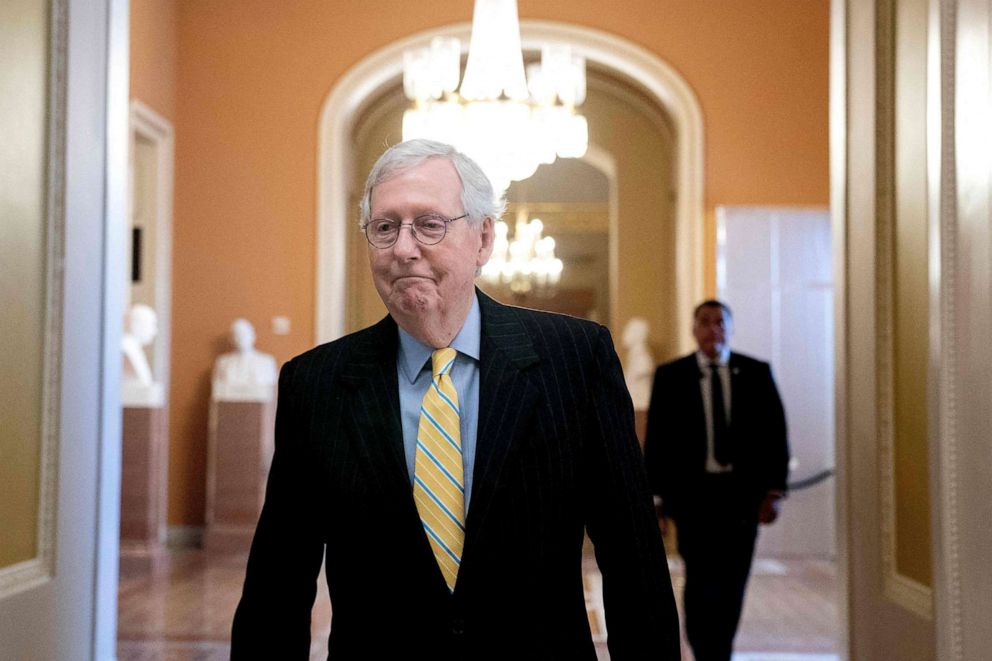 PHOTO: Senate Minority Leader Mitch McConnell walks to the Senate Chamber during a roll call vote at the Capitol, Sept. 14, 2022.