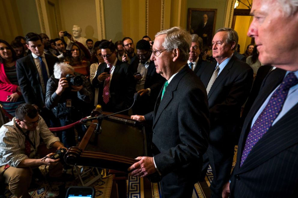 PHOTO: Republican Senate Majority Leader from Kentucky Mitch McConnell speaks to the media after the Republican's weekly luncheon in the U.S. Capitol in Washington, D.C, March 6, 2018. 