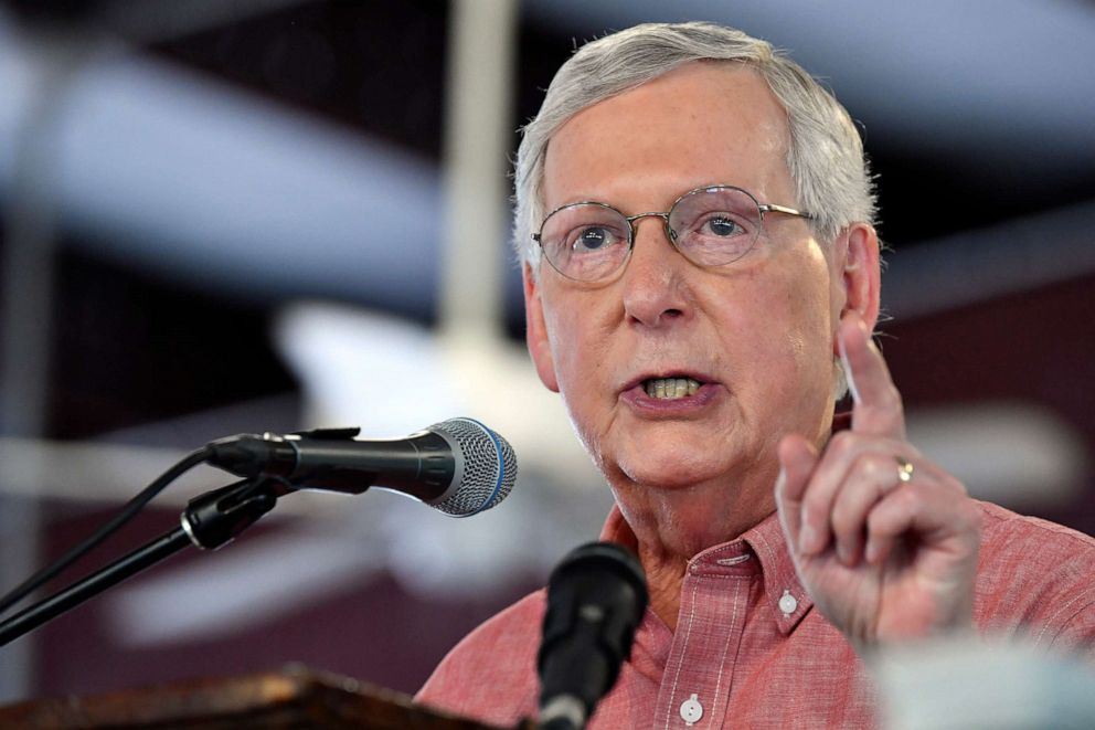 PHOTO: Senate Majority Leader Mitch McConnell, R-Ky., addresses the audience gathered at the Fancy Farm Picnic in Fancy Farm, Ky., Saturday, Aug. 3, 2019.