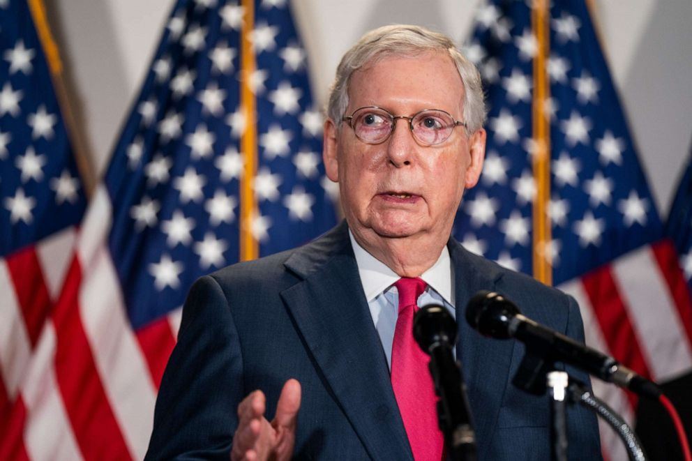 PHOTO: Mitch McConnell speaks to the media after attending the Republican Senate luncheon in the Hart Senate Office Building in Washington, May, 19 2020.