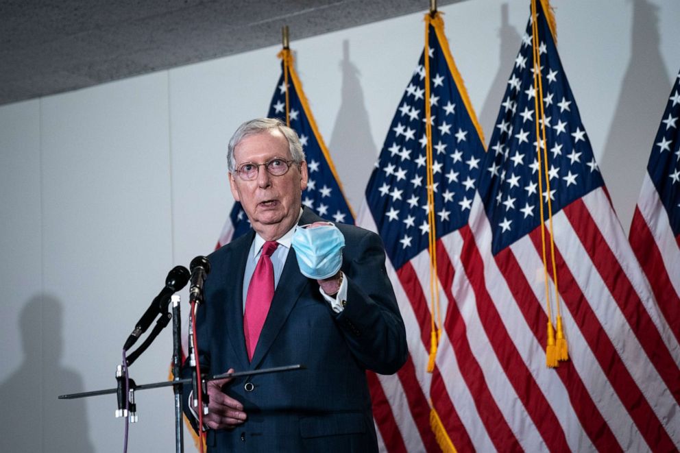 PHOTO: Senate Majority Leader Mitch McConnell speaks to the press after a meeting with Republican Senators in the Hart Senate Office Building on Capitol Hill, May 19, 2020 in Washington, DC.