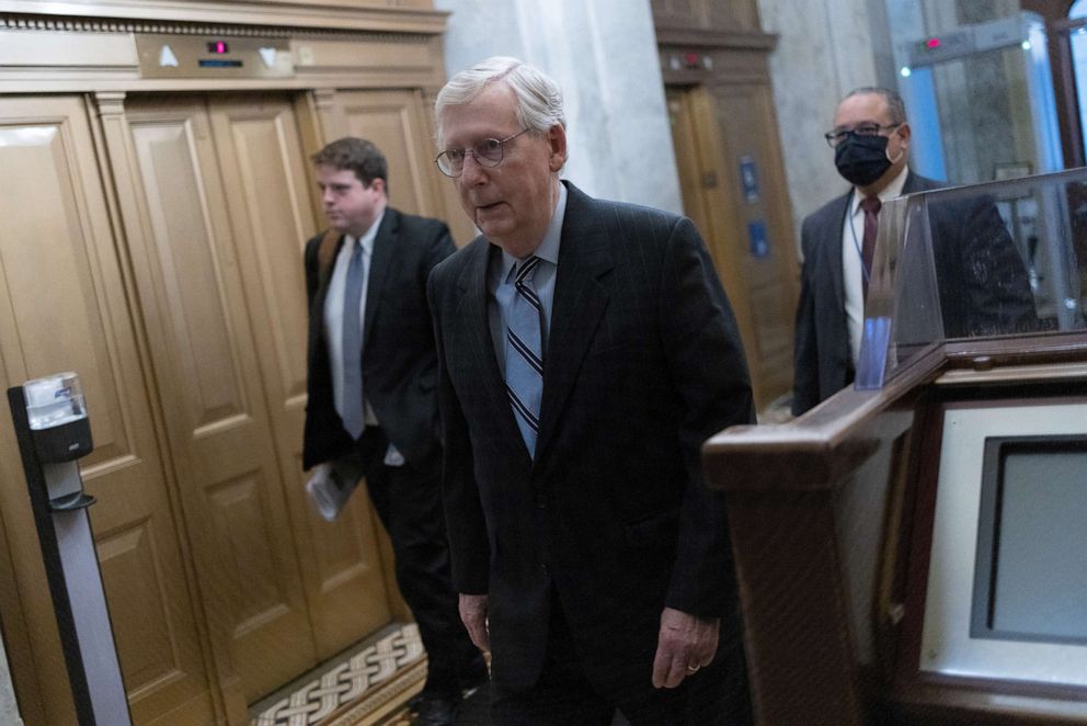 PHOTO: U.S. Senate Minority Leader Mitch McConnell arrives at the U.S. Capitol on August 10, 2021, in Washington, DC.