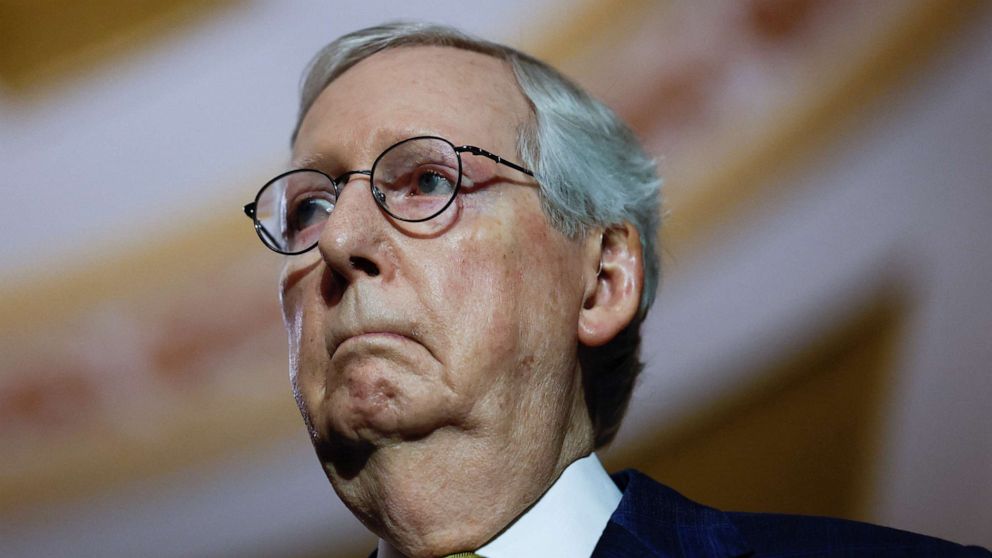 PHOTO: Senate Minority Leader Mitch McConnell (R-KY) listens to his Republican colleagues during the weekly Republican press conference at the U.S. Capitol in Washington, U.S., March 7, 2023. REUTERS/Evelyn Hockstein