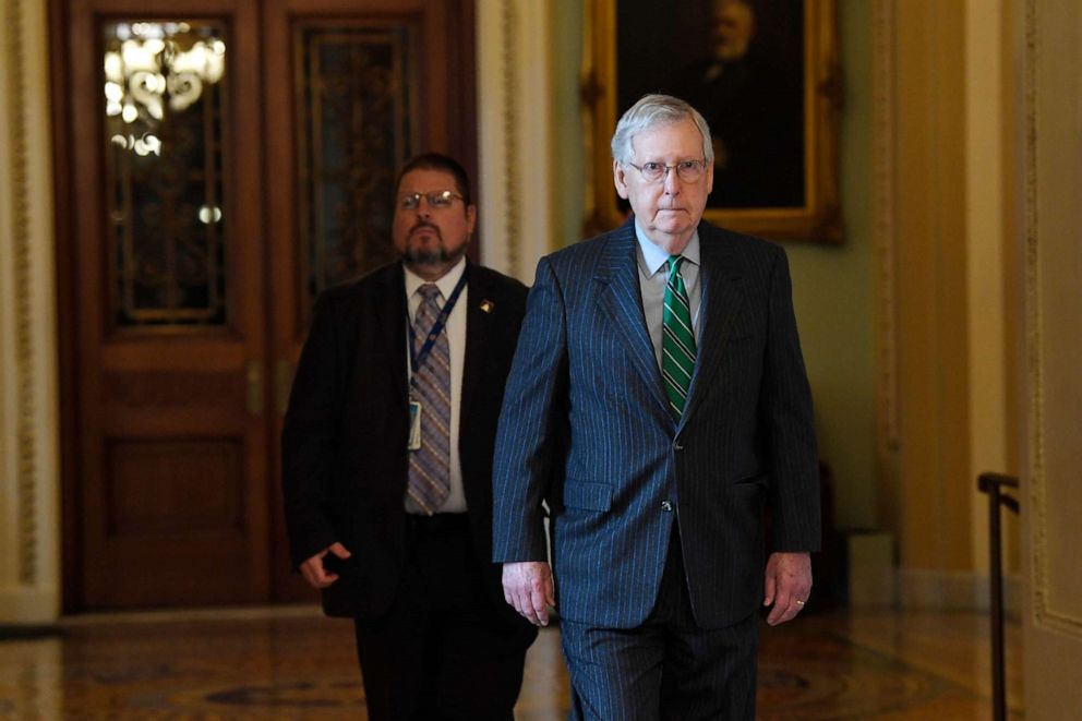 PHOTO: Senate Majority Leader Mitch McConnell of Ky., walks to his office on Capitol Hill in Washington, March 19, 2020.