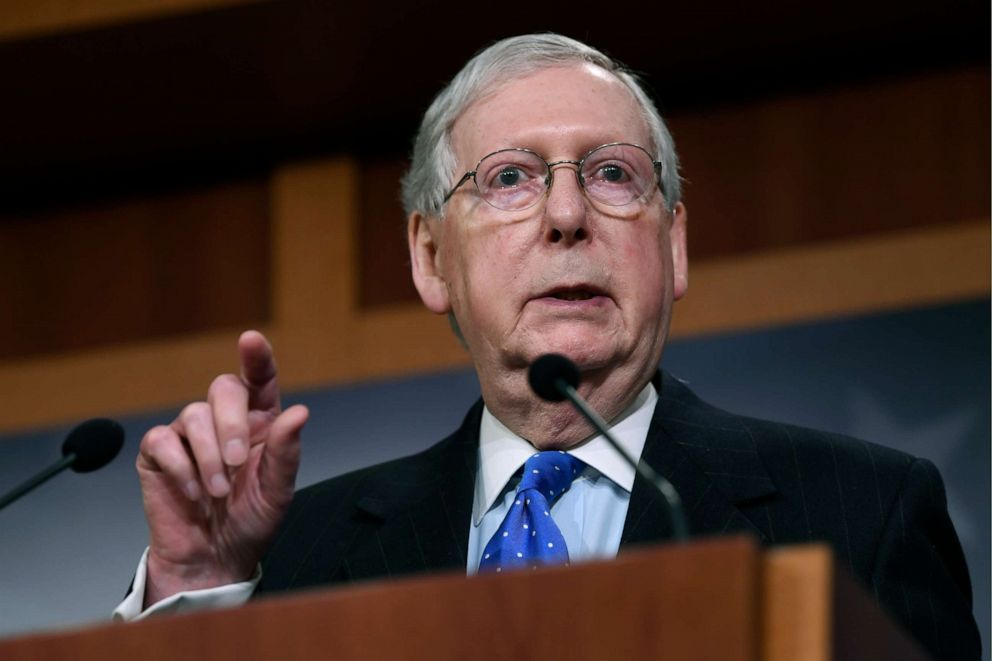 PHOTO: Senate Majority Leader Mitch McConnell speaks during a news conference on Capitol Hill in Washington, March 17, 2020.