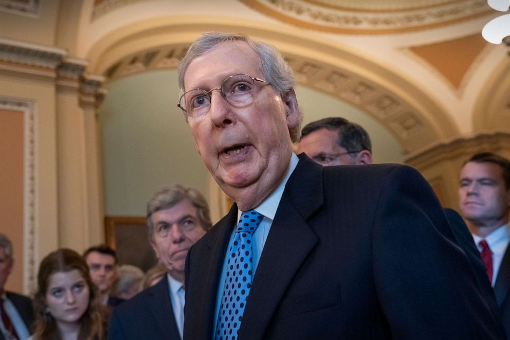 PHOTO: Senate Majority Leader Mitch McConnell joined by his GOP leadership team, answers questions during a news conference at the Capitol, June 18, 2019.