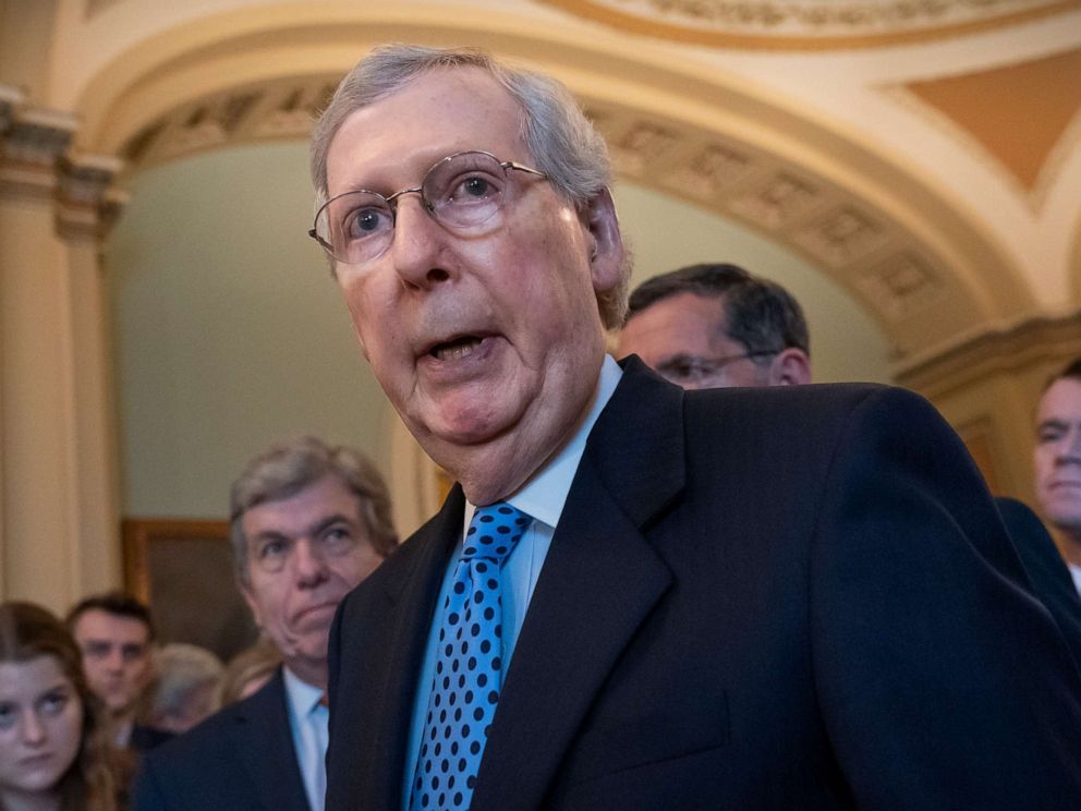 PHOTO: Senate Majority Leader Mitch McConnell, R-Ky., joined by his GOP leadership team, answers questions on Iran and the withdrawal of acting Defense Secretary Patrick Shanahan, during a news conference at the Capitol, June 18, 2019.