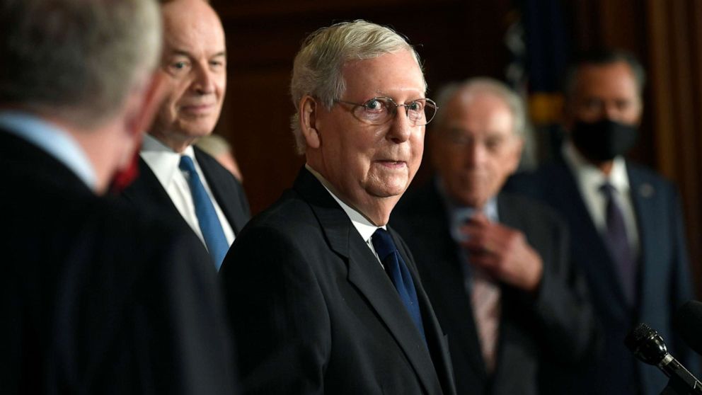 PHOTO: Senate Majority Leader Mitch McConnell of Ky., speaks during a news conference on Capitol Hill, July 27, 2020, to highlight the new Republican coronavirus aid package. 