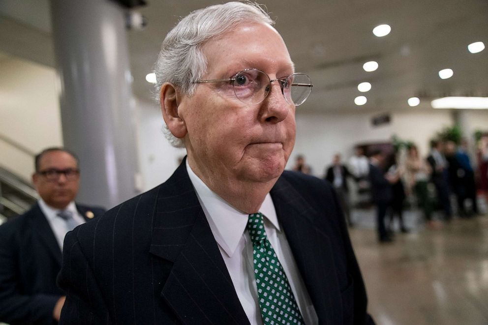 PHOTO: Senate Majority Leader Mitch McConnell heads to a briefing with national security officials on the details of the threat that prompted the attack on Iranian Gen. Qassem Soleimani in Iraq, Jan. 8, 2020 on Capitol Hill.