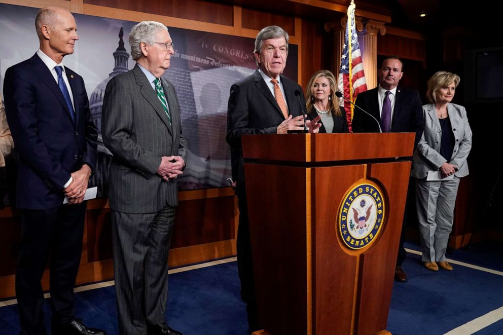 PHOTO: Senator Roy Blunt speaks during a news conference to discuss their opposition to S. 1, the "For The People Act," June 17, 2021, in Washington, DC.