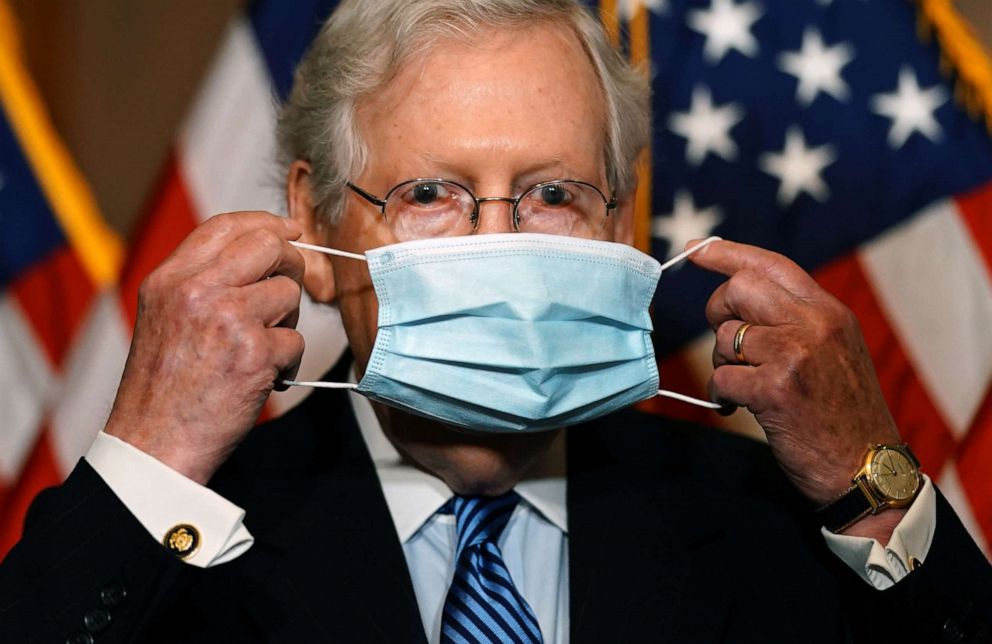 Senate Majority Leader Mitch McConnell puts on a mask after speaking to the media after the Republican's weekly Senate luncheon in the U.S. Capitol in Washington on Dec. 8, 2020. 