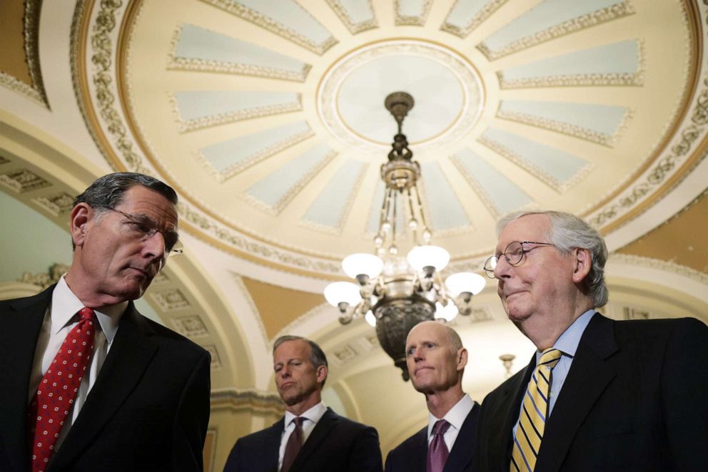PHOTO: Sen. John Barrasso, Senate Minority Whip Sen. John Thune, Sen. Rick Scott and Senate Minority Leader Sen. Mitch McConnell during a news briefing after the weekly Senate Republican Policy Luncheon at the Capitol, June 22, 2021, in Washington, DC.