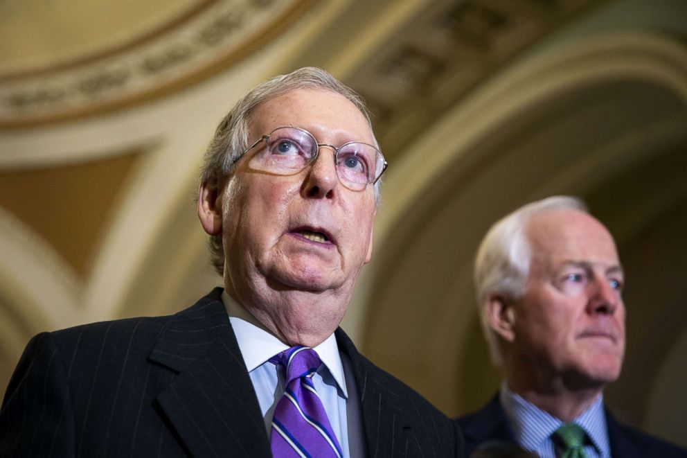 PHOTO: Senate Majority Leader Sen. Mitch McConnell (R-KY) speaks during a news conference, following the weekly Senate Republicans policy luncheon, on Capitol Hill, July 24, 2018.