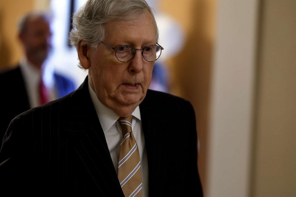 PHOTO: Senate Minority Leader Mitch McConnell walks to the Senate Chambers in the Capitol, Sept. 27, 2022.