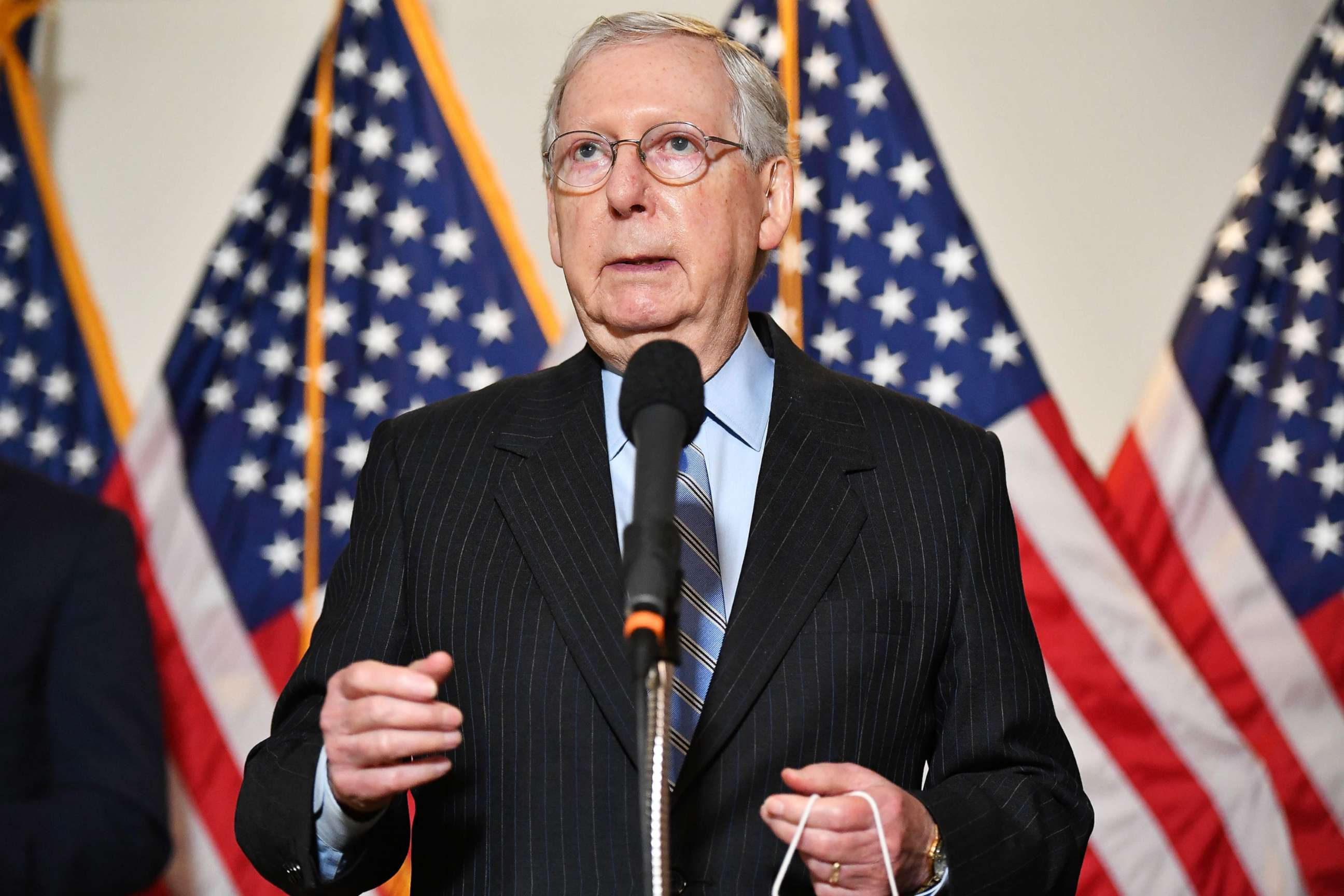 PHOTO: In this Aug. 4, 2020, file photo, Senate Majority Leader Mitch McConnell speaks after attending the Senate Republican luncheon at the Hart Senate Office Building on Capitol Hill  in Washington, DC.