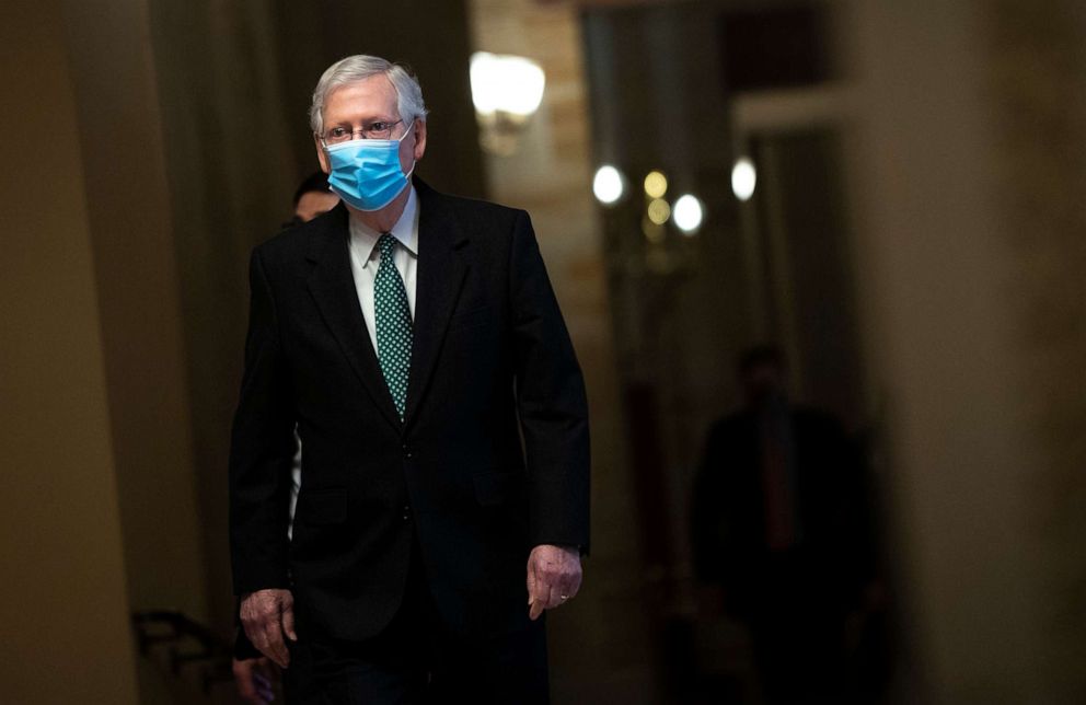 PHOTO: Senate Minority Leader Mitch McConnell walks to the Senate Chamber on the third day of former President Donald Trump's second impeachment trial at the U.S. Capitol on Feb. 11, 2021, in Washington.