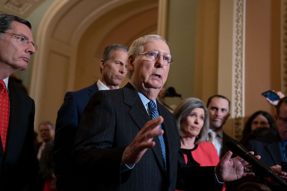 PHOTO: Senate Majority Leader Mitch McConnell, R-Ky., tells reporters he has secured enough Republican votes to start Trump's impeachment trial and postpone a decision on witnesses and documents Democrats want, at the Capitol, Tuesday Jan. 7, 2020.