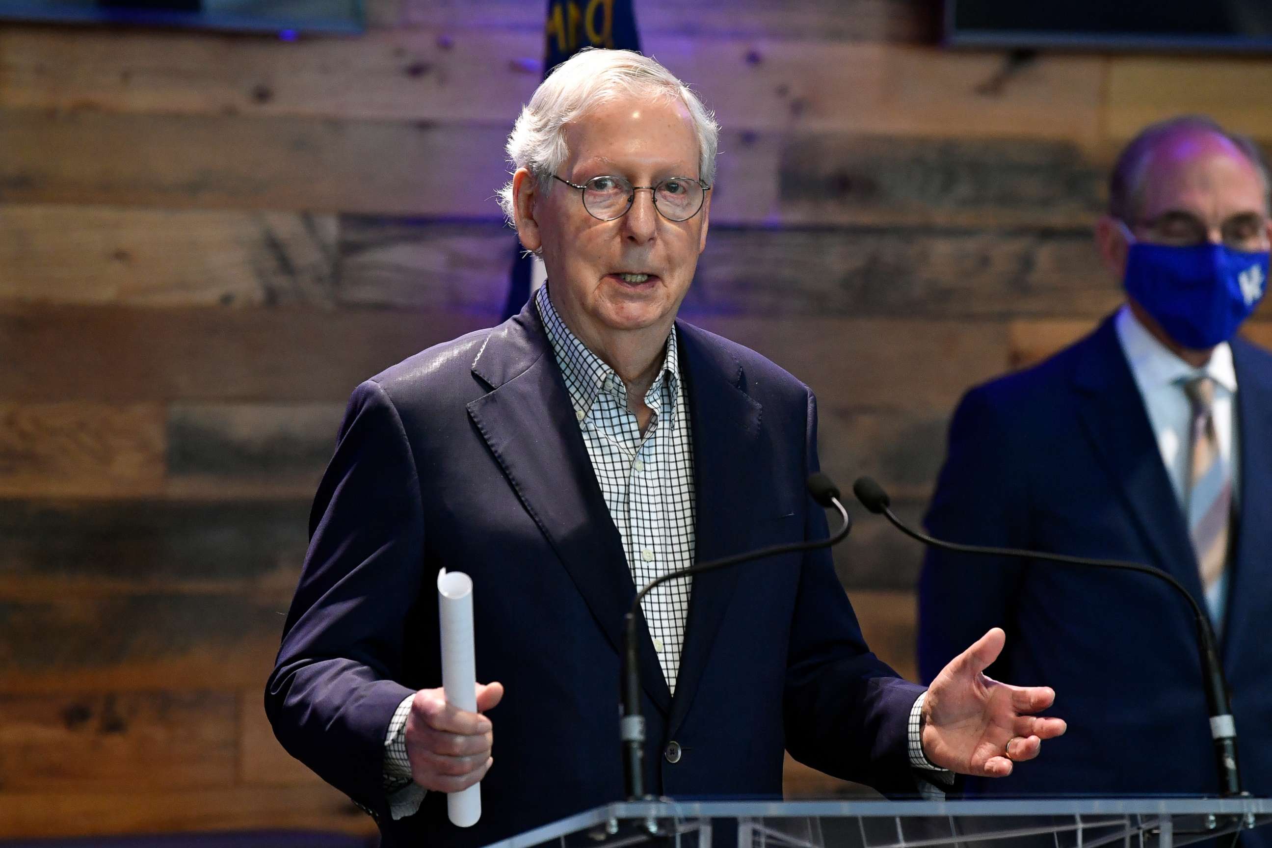 PHOTO: Senate Minority Leader Mitch McConnell, R-Ky., addresses the media at a COVID-19 vaccination site in Lexington, Kentucky, on April 5, 2021. 