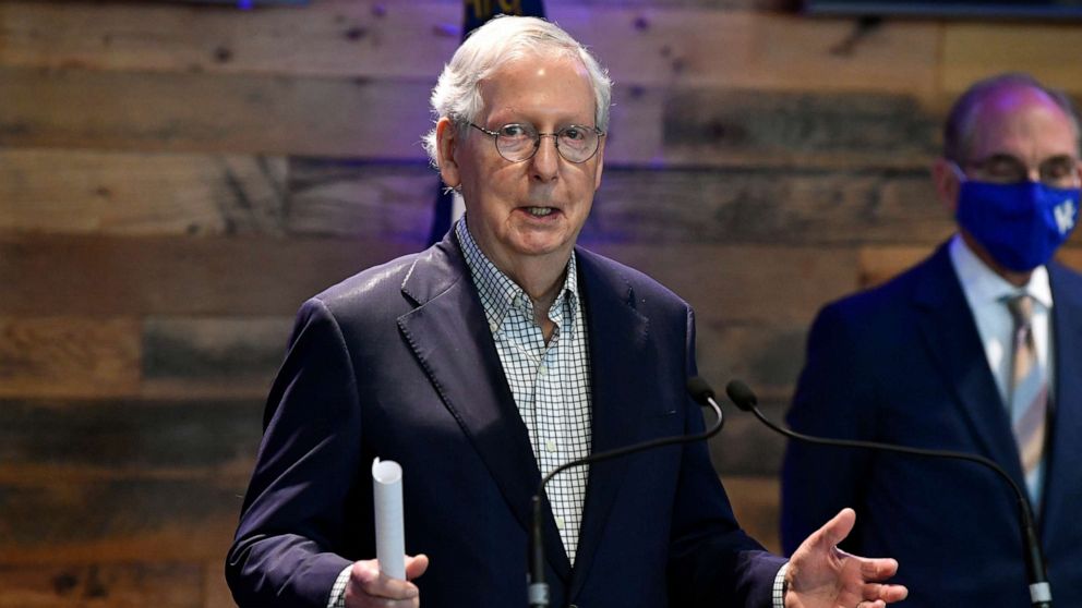 PHOTO: Senate Minority Leader Mitch McConnell, R-Ky., addresses the media at a COVID-19 vaccination site in Lexington, Kentucky, on April 5, 2021. 